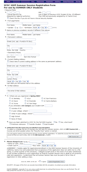 Summer Session Registration Page